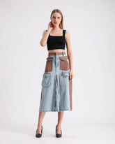 Fermuar Detaylı ve Çok Cepli Patchwork Denim Etek 7719 - Kot & Taba